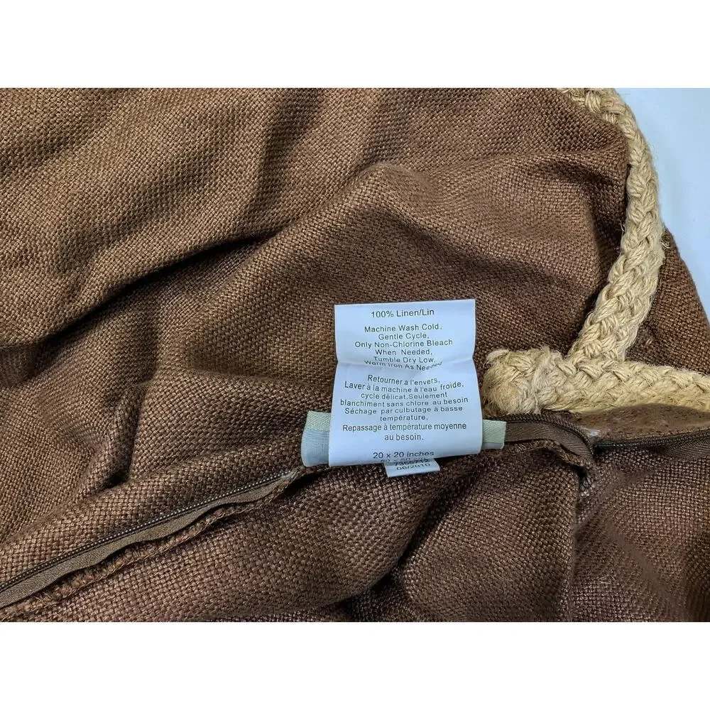 Pottery Barn Pillow Cover Brown Linen Tan Jute Trim 20 x 20 Throw Accent